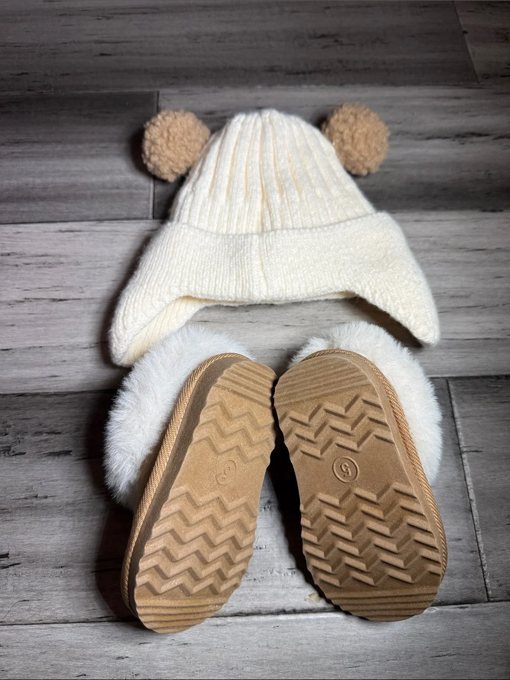 Kids Cream Bear Hat and Tan Fur-Lined Booties Set